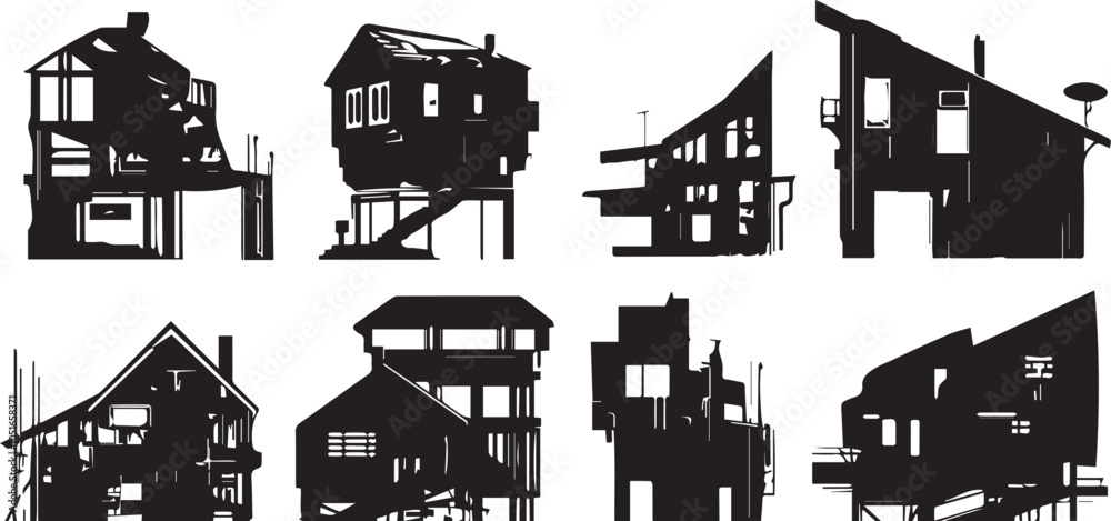 Fototapeta premium Set silhouettes of futuristic houses. Hand drawn vector illustration 