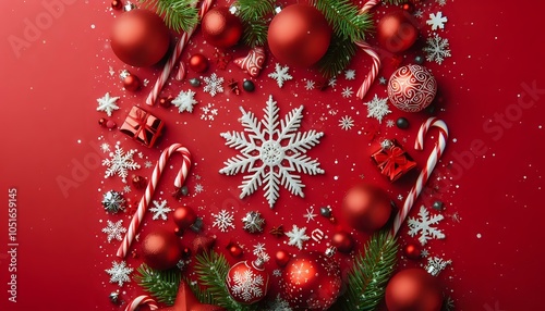 Festive Christmas Arrangement on Red Background
