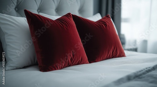 Bed with red pillows
