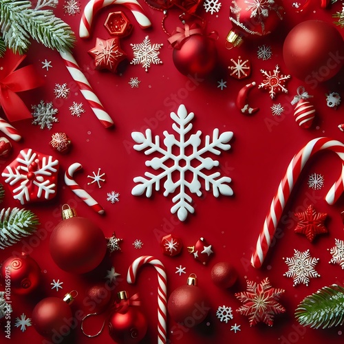 Festive Christmas Arrangement on Red Background
