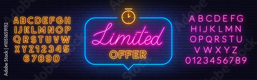 Limited Offer neon sign in speech bubble on brick wall background.
