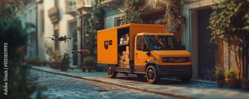 A delivery truck unloading packages at a customer s door, with drones hovering nearby photo