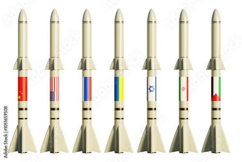 Missiles with the flags of China, USA, Russia, Ukraine, Israel, Iran and Palestine on transparent background. 3D Render