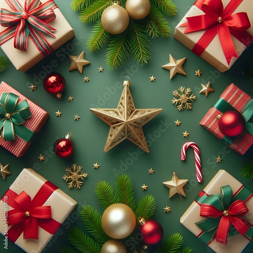 Festive Christmas Arrangement on Green Background
