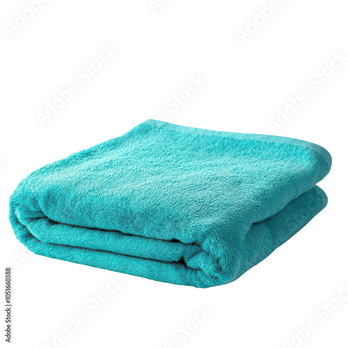 a folded bath towel, vibrant turquoise with soft texture, isolated on white background photo