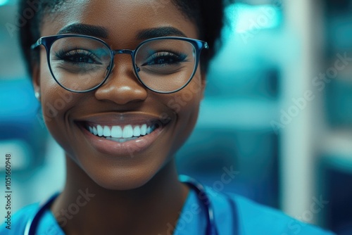 Woman in Blue Scrubs with Glasses photo