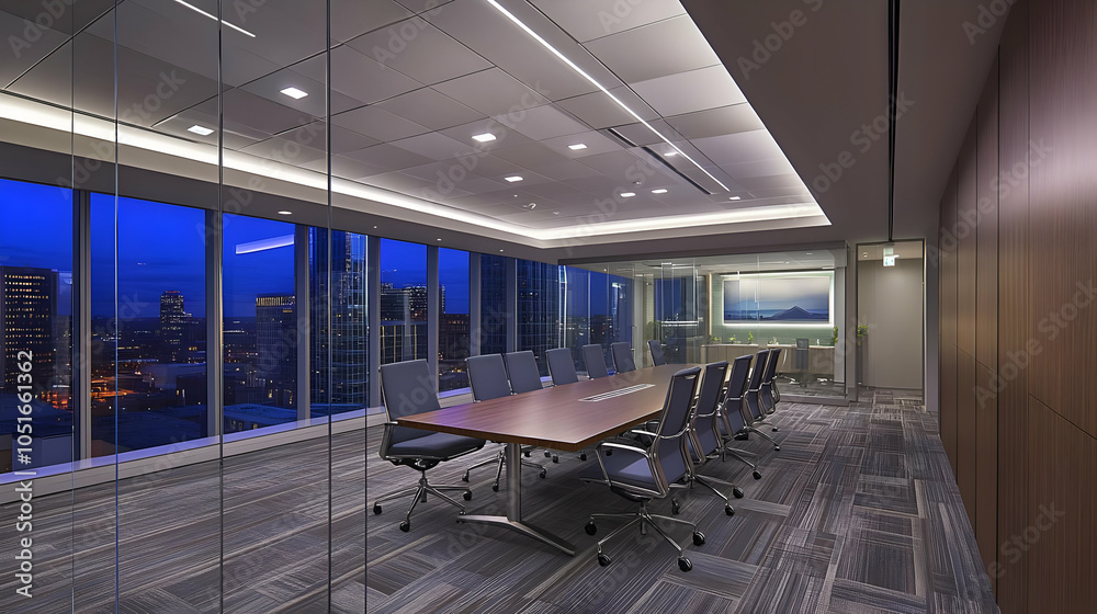 Modern conference room with a large table and panoramic city views at dusk. Modern conference room with a large table and panoramic city views at dusk.