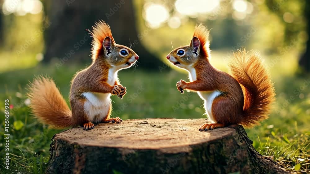 Two squirrels face each other on a tree stump in a forest Two squirrels face each other on a tree stump in a forest