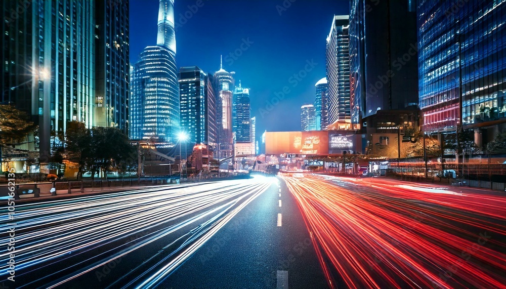 Naklejka premium Busy City Street at Night with Car Light Trails and Neon Signs