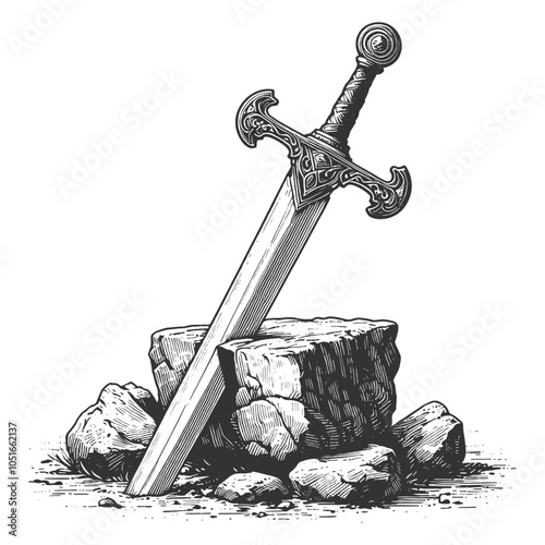 medieval sword embedded in a stone, symbolizing strength, legend, historical valor in vintage style sketch engraving generative ai vector illustration. Scratch board imitation. Black and white image