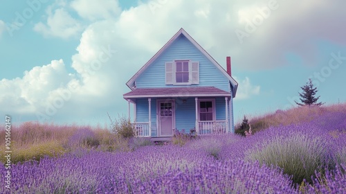 A petite farmhouse adorned in a gentle pastel blue, featuring a sloped roof and a narrow wooden porch. It is set in a hilly countryside, encircled by lavender and butterfly bushes. photo