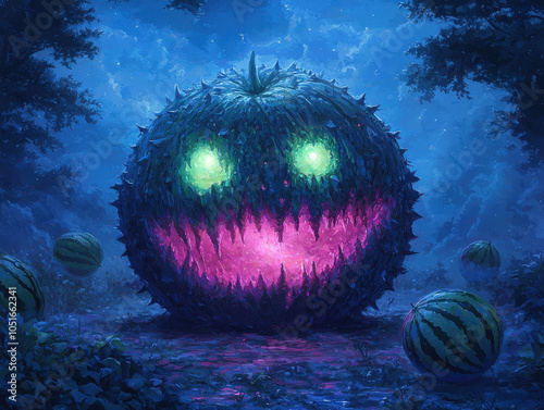 whimsical and mischievous yokai spirit takes form of giant, spiky watermelon with glowing eyes and wide, toothy grin, set in mystical forest at night photo