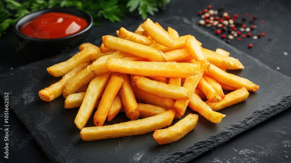 Golden crispy French fries served with ketchup, garnished with herbs Golden crispy French fries served with ketchup, garnished with herbs