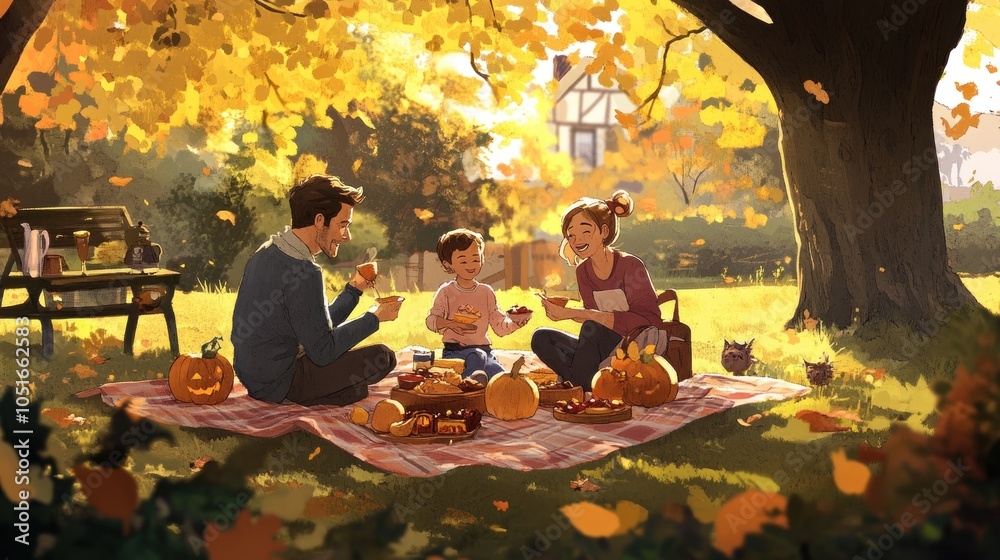 Fototapeta premium A family enjoys a picnic under a tree with pumpkins, leaves, and a cat.