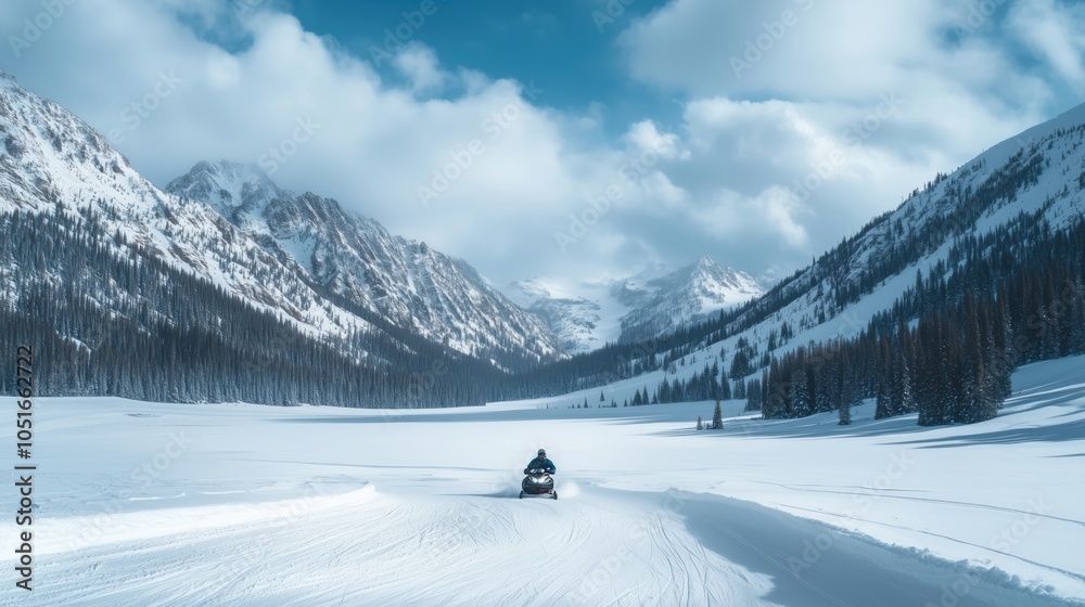Naklejka premium Snowmobile adventure in snowy mountain landscape, vast white terrain, towering peaks