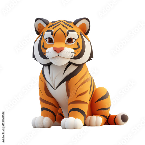 Cartoon Style Minimalist 3D Tiger Icon for Graphic Design and Illustrations, isolated on transparent background, PNG Format