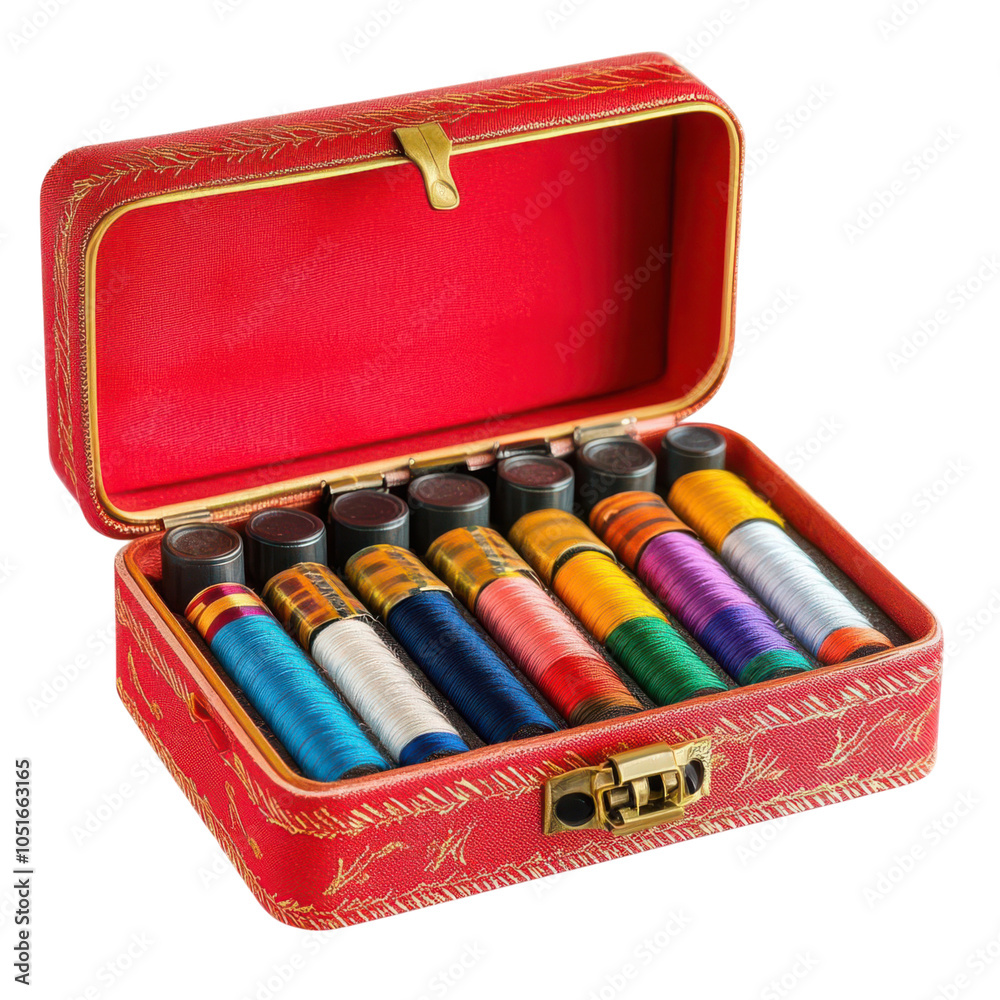 a sewing kit, vibrant red box with assorted colorful threads, isolated on white background a sewing kit, vibrant red box with assorted colorful threads, isolated on white background