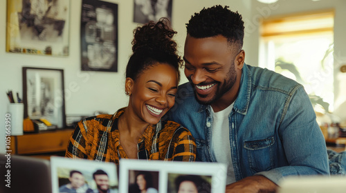 Couple smiling while reviewing health insurance documents together, feeling happy and connected