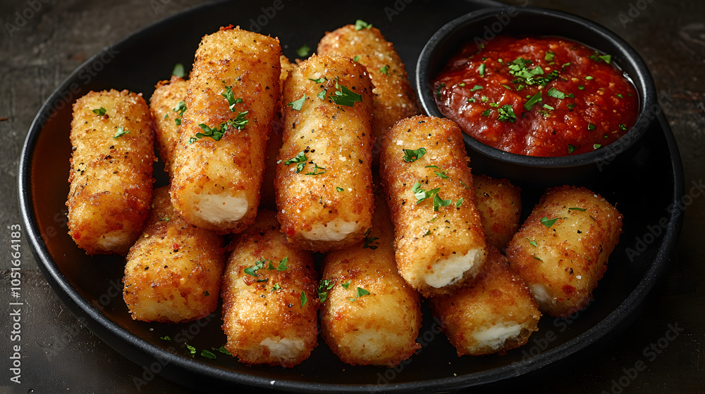 Food Photography of Delicious Mozzarella Sticks on a Black Plate with Tomato Sauce – A Tempting Snack for Cheese Lovers
Food Photography of Delicious Mozzarella Sticks on a Black Plate with Tomato Sauce – A Tempting Snack for Cheese Lovers
