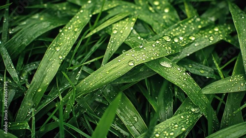 Dewdrops glisten on blades of green grass in the early morning