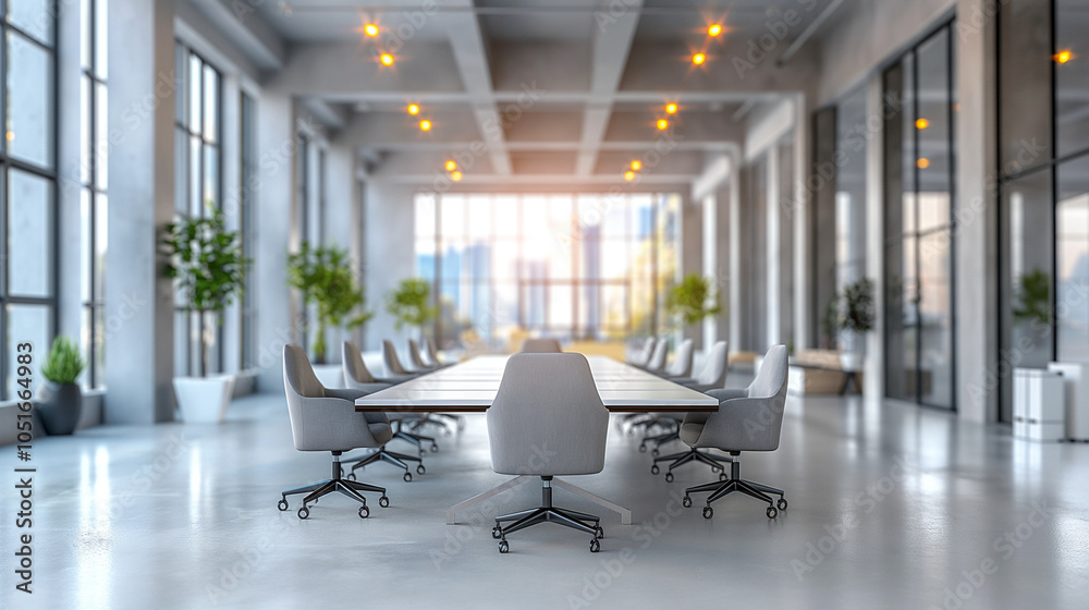 Modern conference room with large windows and ergonomic chairs. Copy space. Generative AI Modern conference room with large windows and ergonomic chairs. Copy space. Generative AI