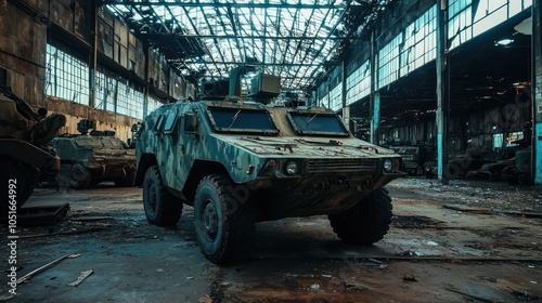 A military armored vehicle parked inside an abandoned warehouse. photo