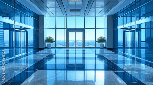 Modern corporate lobby with glass walls, polished floor, and city view. Copy space. Generative AI 