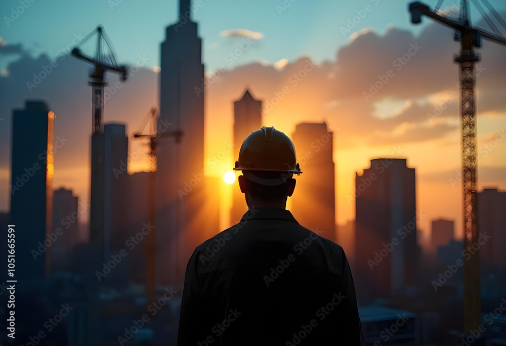 construction worker stands silhouetted against stunning sunset, with city skyscrapers and cranes in background, capturing essence of urban development and hard work construction worker stands silhouetted against stunning sunset, with city skyscrapers and cranes in background, capturing essence of urban development and hard work