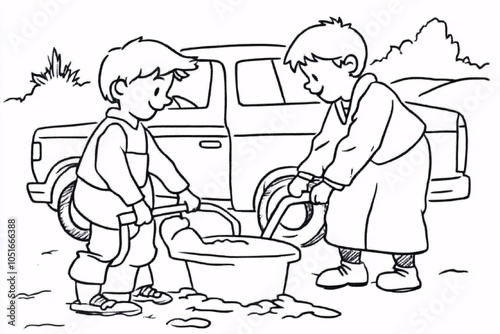 cute and funny coloring pages for kids with two boys and car photo