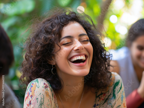 Real Laughter: A beautiful young woman laughs sincerely with her friends, showing pure happiness and bonding.