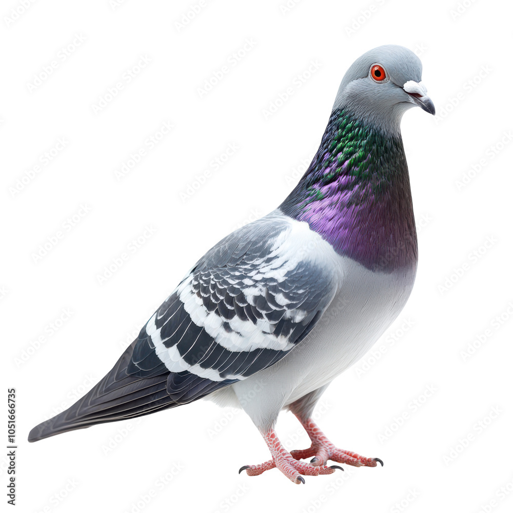 Fototapeta premium Realistic pigeon bird PNG, gray and white city dove with iridescent neck plumage, wildlife animal design asset isolated PNG with Transparent Background