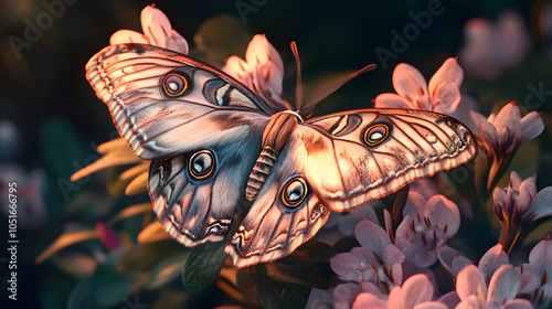 Enchanting Atlas Moth Resting on a Flower During a Serene Twilight photo