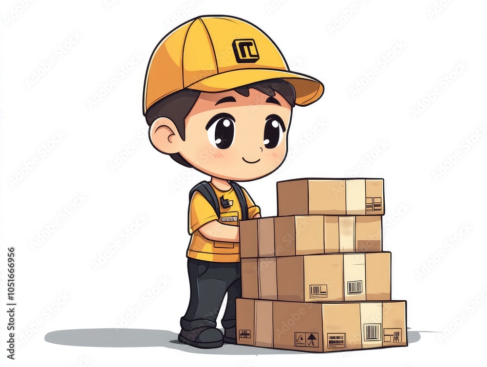 A cartoon delivery person with a stack of boxes in front of them. A cartoon delivery person with a stack of boxes in front of them.