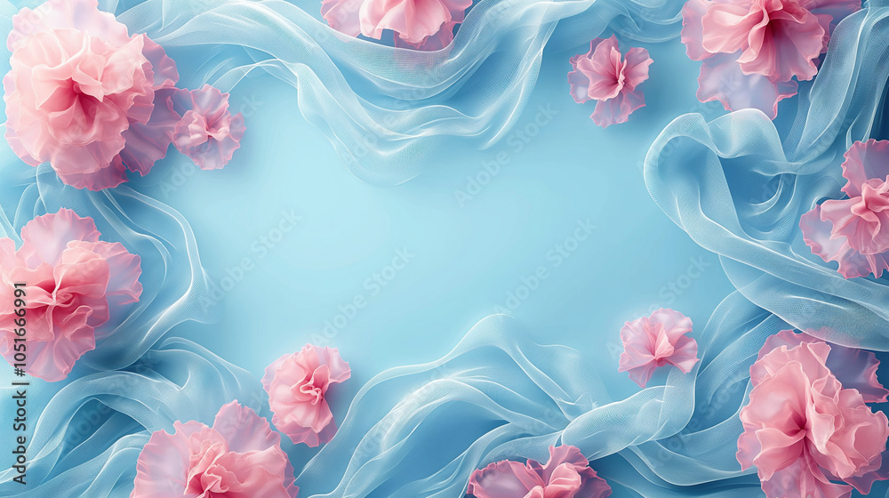Pink flowers and flowing sheer fabric on soft blue background. Copy space. Generative AI Pink flowers and flowing sheer fabric on soft blue background. Copy space. Generative AI