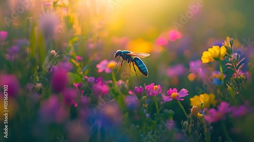 A Captivating Image of a Cuckoo Wasp Darting Through Wildflowers, Demonstrating the Dynamic Essence of Nature's Colorful Ecosystem photo