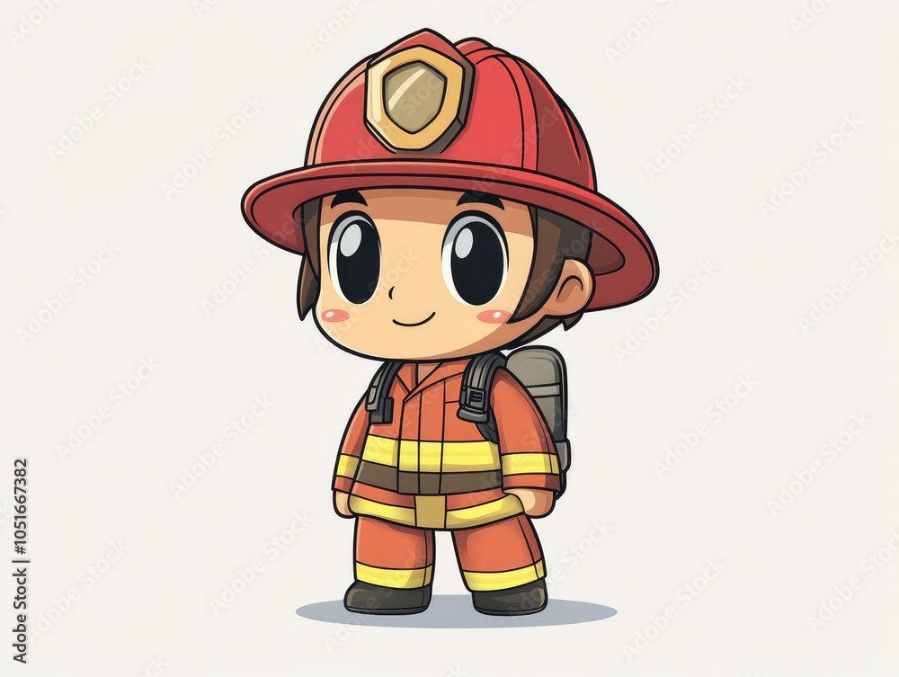 A cartoon illustration of a cute firefighter wearing a red helmet and yellow and red uniform. A cartoon illustration of a cute firefighter wearing a red helmet and yellow and red uniform.