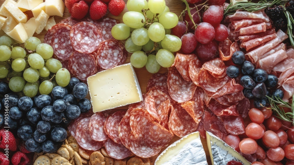 A beautifully arranged platter of assorted cheeses and fruits. A beautifully arranged platter of assorted cheeses and fruits.