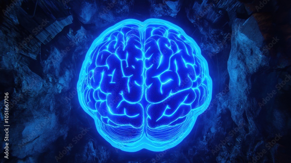 Illuminated Brain Hologram on Blue Background - Concept of Futuristic Technology and Artificial Intelligence Illuminated Brain Hologram on Blue Background - Concept of Futuristic Technology and Artificial Intelligence