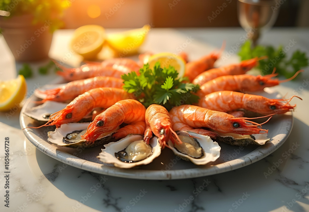 Fresh shrimp and oysters beautifully arranged on platter, garnished with lemon and parsley, evoke sense of indulgence and culinary delight