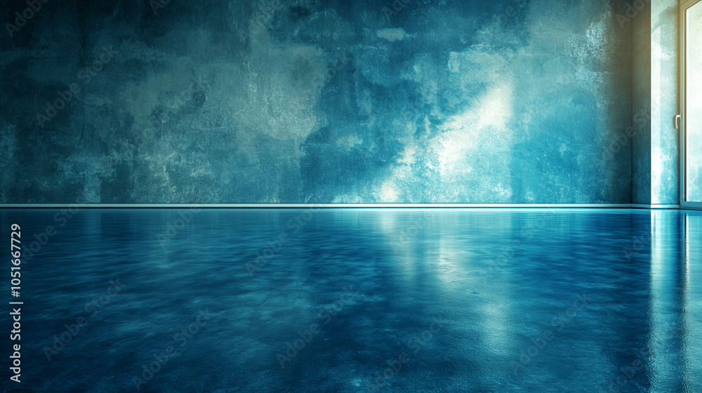  Empty room with polished blue floor and textured teal wall with light reflections