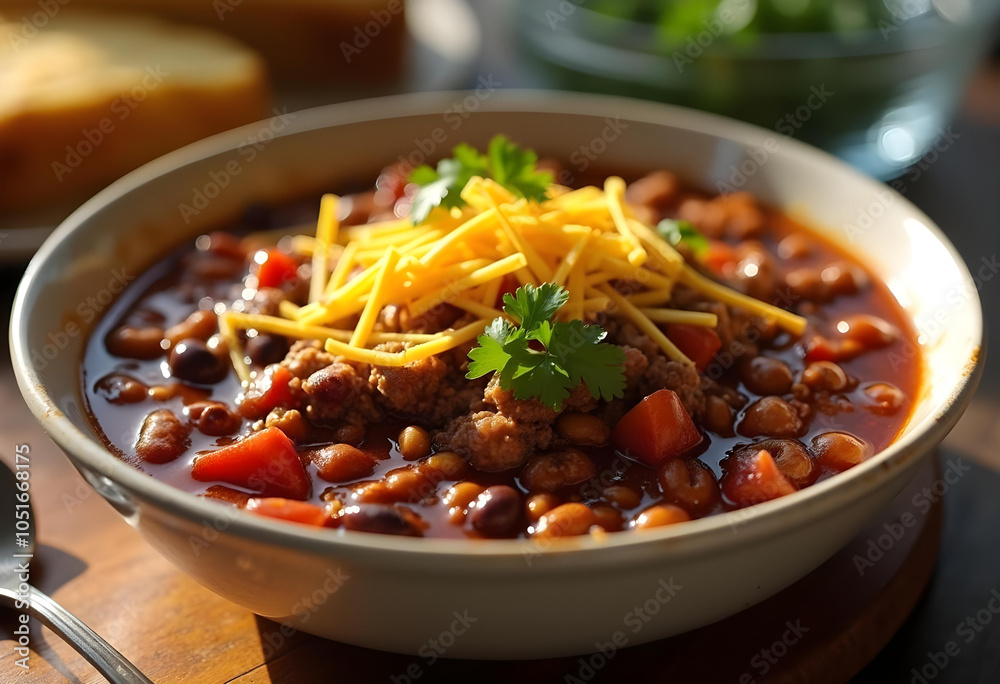 Delicious chili with ground meat, beans, and fresh toppings like cheese and cilantro, served in bowl. Perfect for cozy meal or gathering Delicious chili with ground meat, beans, and fresh toppings like cheese and cilantro, served in bowl. Perfect for cozy meal or gathering