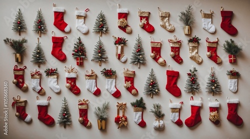 Christmas stockings and mini trees arranged in festive display