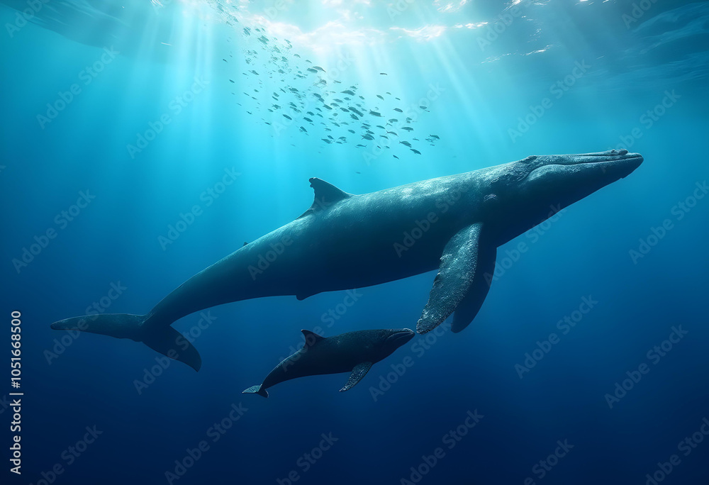 majestic whale swims gracefully in deep blue ocean, accompanied by smaller companion. Sunlight filters through water, creating serene and tranquil atmosphere majestic whale swims gracefully in deep blue ocean, accompanied by smaller companion. Sunlight filters through water, creating serene and tranquil atmosphere