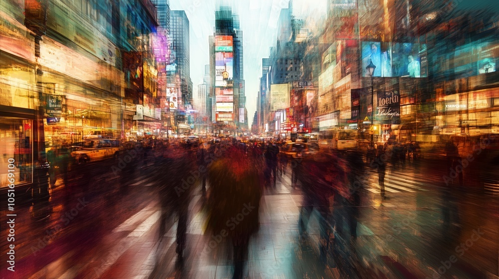 Blurred motion of bustling crowds and vibrant lights in Times Square, capturing the dynamic energy of New York City. Blurred motion of bustling crowds and vibrant lights in Times Square, capturing the dynamic energy of New York City.