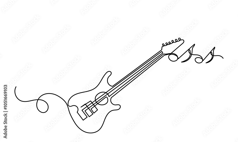 Fototapeta premium Continuous line drawing of bass classical acoustic guitar.Single-line electric Musical instrument concept of logo, guitar icon, and rock. Vector illustration guitar. isolated on white background.