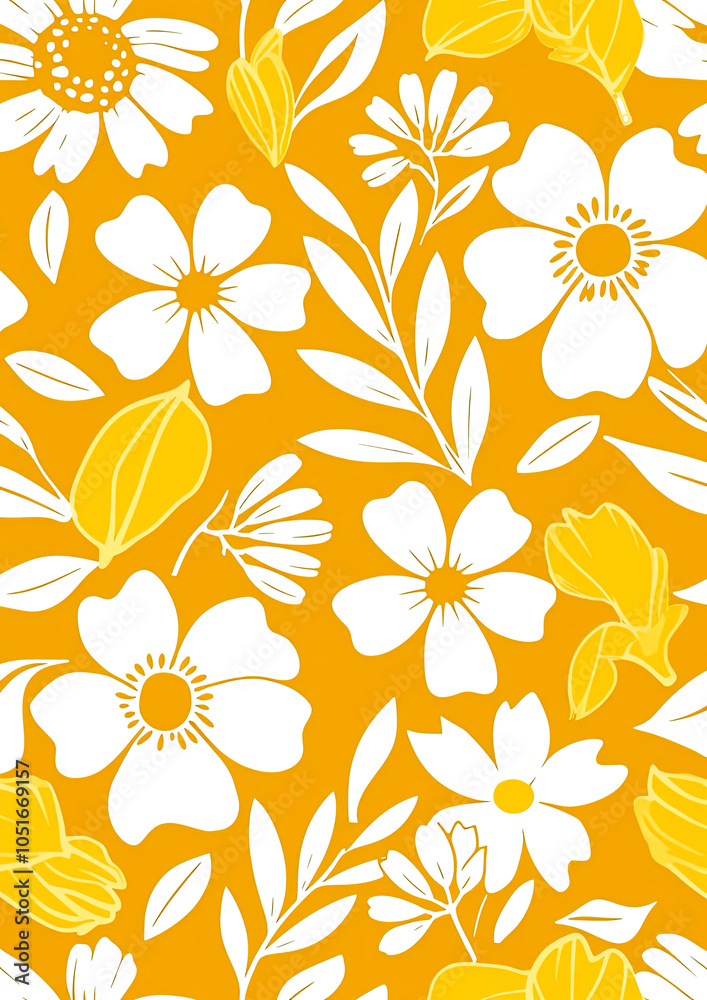 Brighten any space with this lively floral pattern, featuring bold white blooms on a warm orange background.