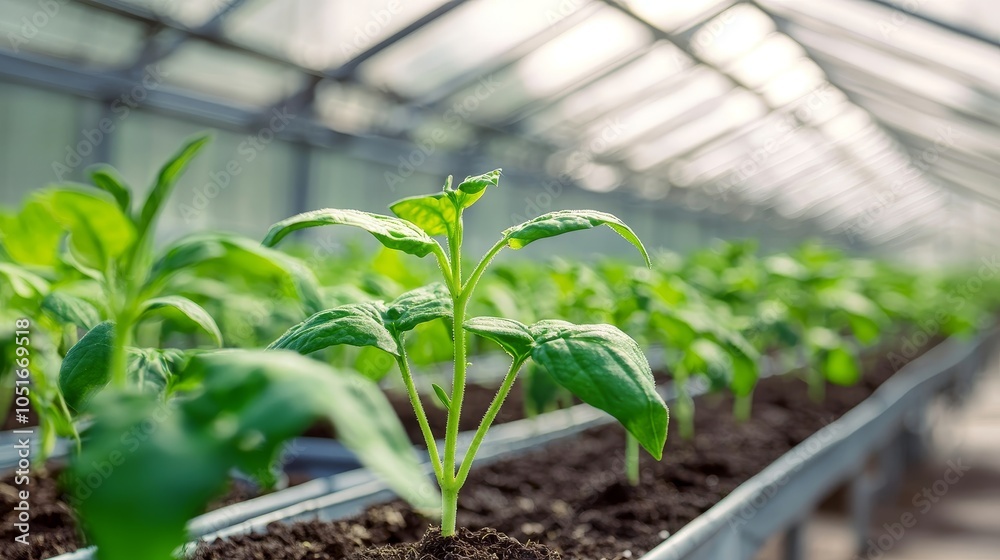 Young basil plants grow in a greenhouse, vibrant green leaves under natural light. Young basil plants grow in a greenhouse, vibrant green leaves under natural light.