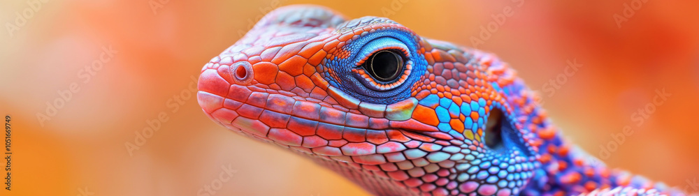 Closeup of colorful iguana head with intricate scale patterns against warm background Closeup of colorful iguana head with intricate scale patterns against warm background