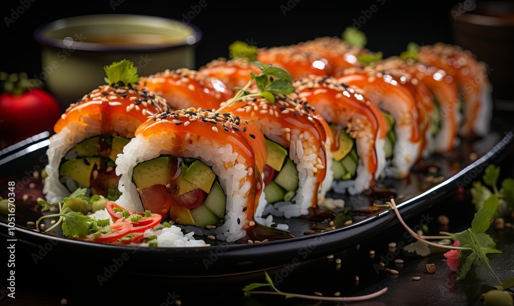 Black Plate With Sushi Covered in Sauce Black Plate With Sushi Covered in Sauce