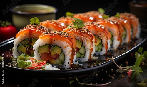 Black Plate With Sushi Covered in Sauce